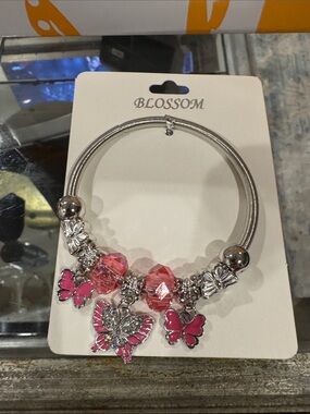 Blossom Pink Butterfly Charm Bracelet with Silver-Tone Accents